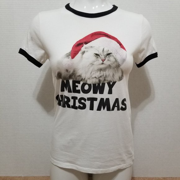 Stranded shirt Small Meowy Christmas cat graphic XMas holiday ringer novelty - Picture 1 of 12